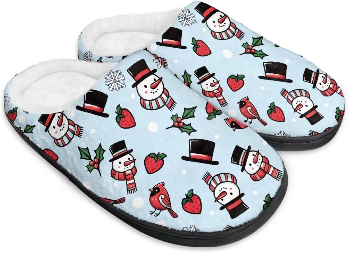 

Домашние тапочки с принтом для женщин и мужчин, зимние теплые плюшевые тапочки с нескользящей подошвой для дома и улицы Noprintge, Snowman Strawberry Bird