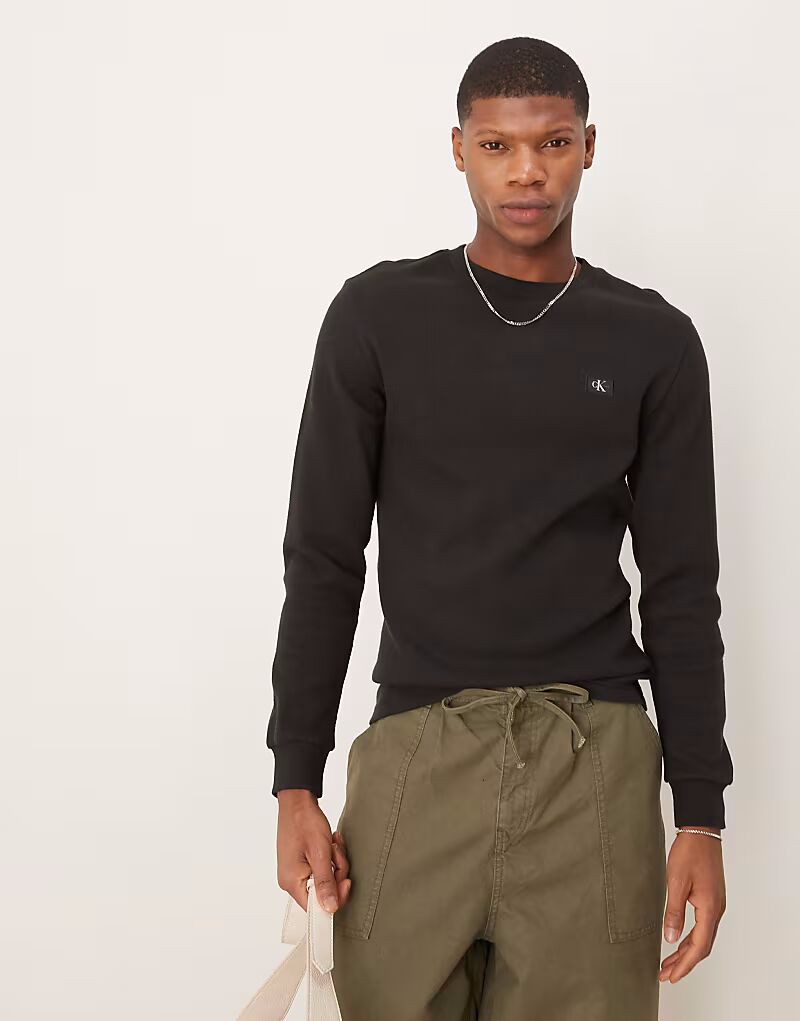 

Черный топ с длинными рукавами и вафельной отделкой от Calvin Klein Jeans