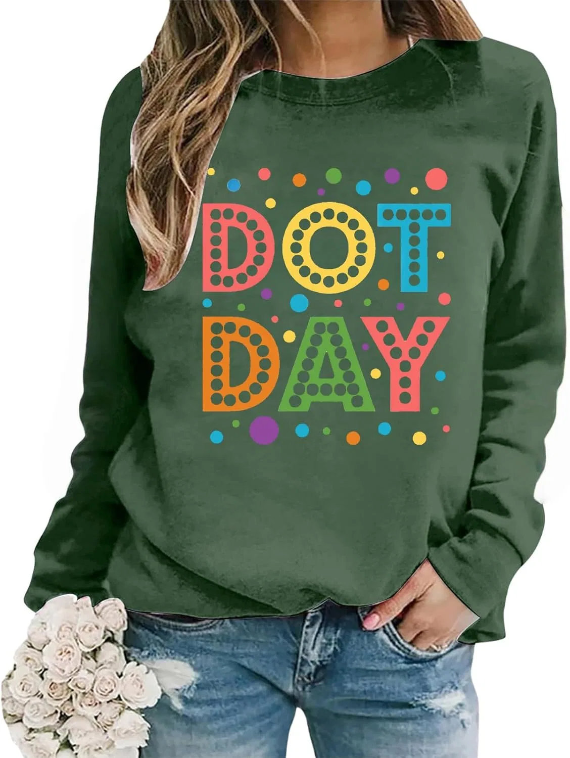 Рубашка Dot Day для женщин с длинным рукавом, милые рубашки в яркую горошек, толстовки с круглым вырезом, модные пуловеры для осени — фото 2