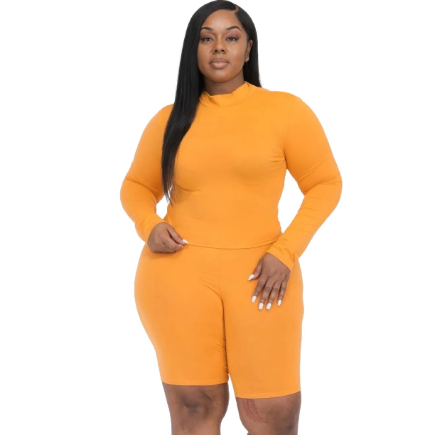 

Плюс комплект из топа с воротником-стойкой и байкерских шорт FASHNZFAB, цвет tomato cream