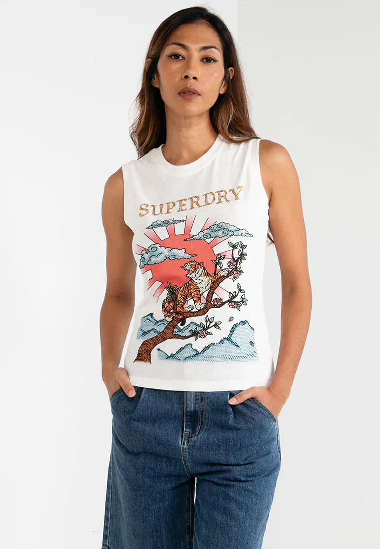 Облегающая майка с татуировкой и стразами Superdry, белый