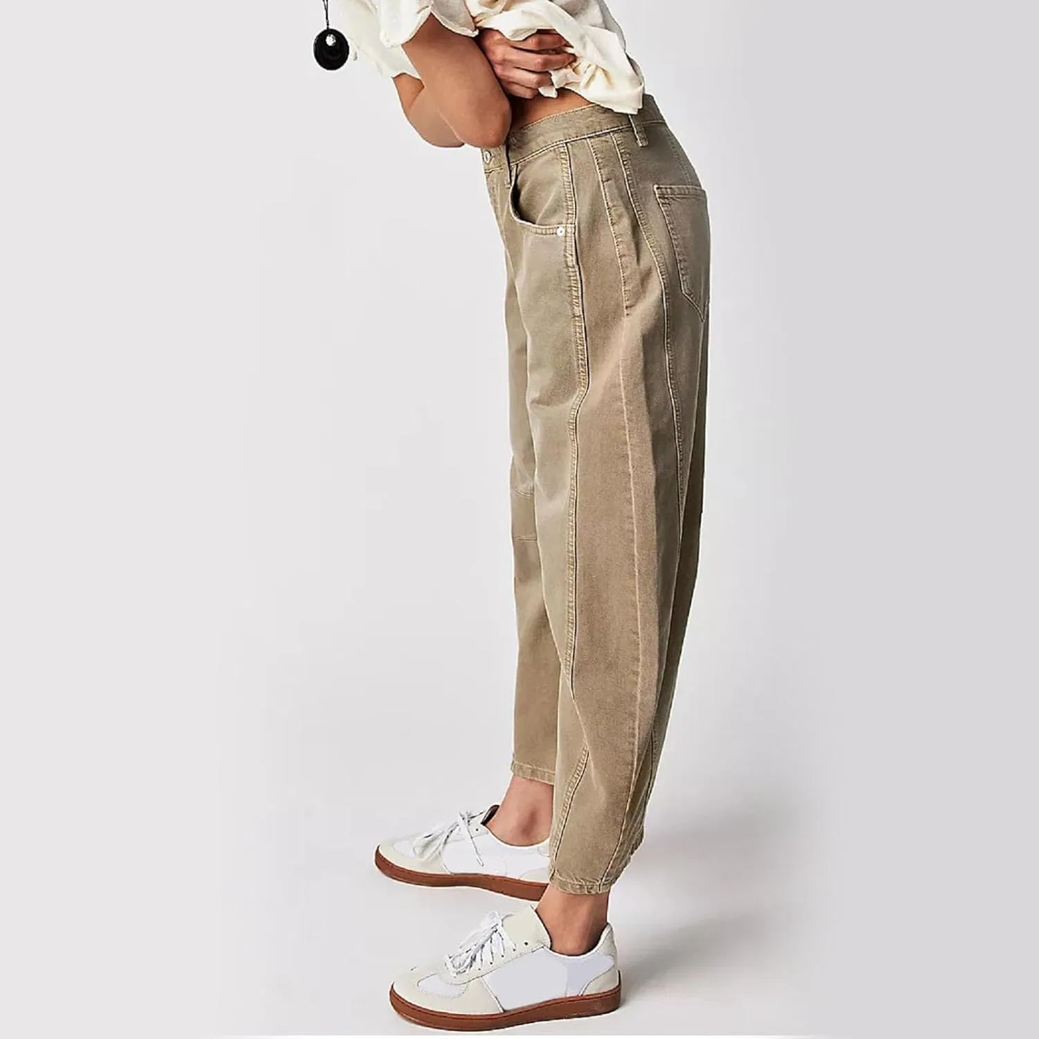 Джинсы Barrel женские Mid Rise Wide Leg Baggy Ankle Denim с эффектом контроля живота, потертые, в стиле Boyfriend, с карманами Generic, хаки — фото 4