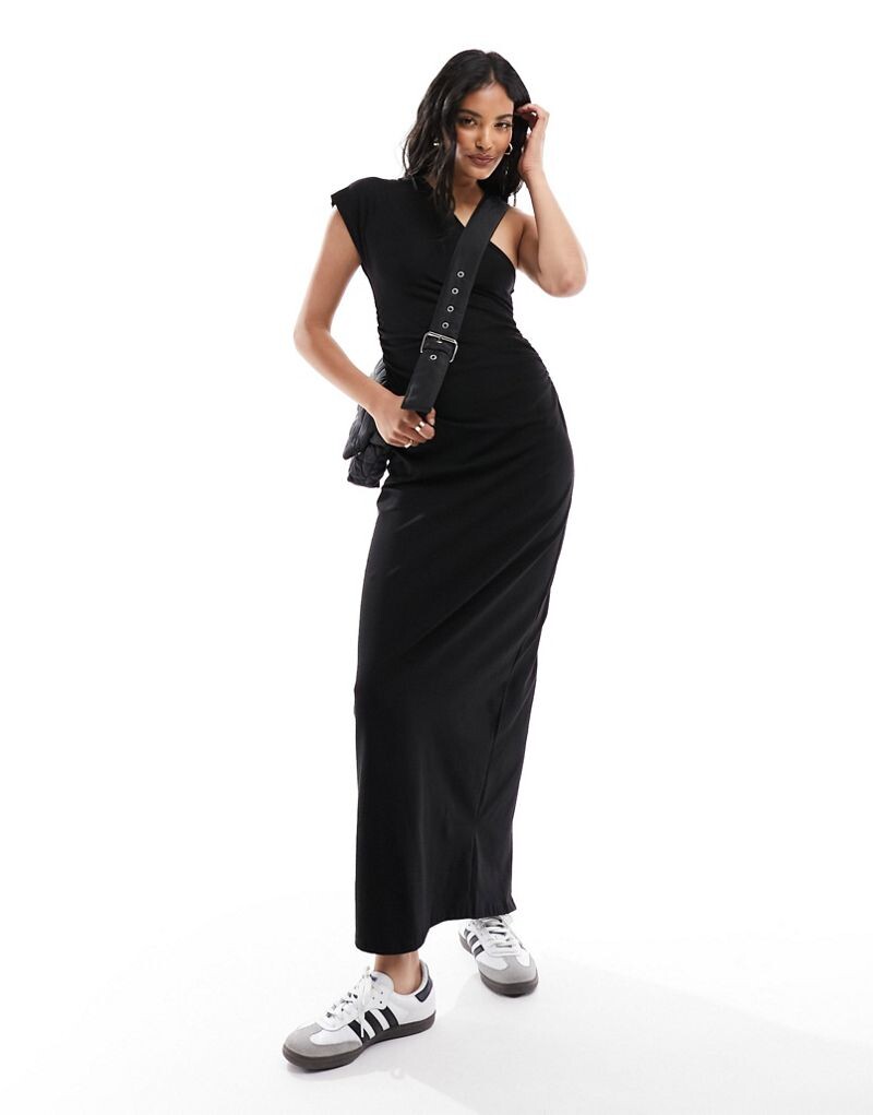 

ASOS DESIGN – черное платье миди на одно плечо с рюшами по бокам