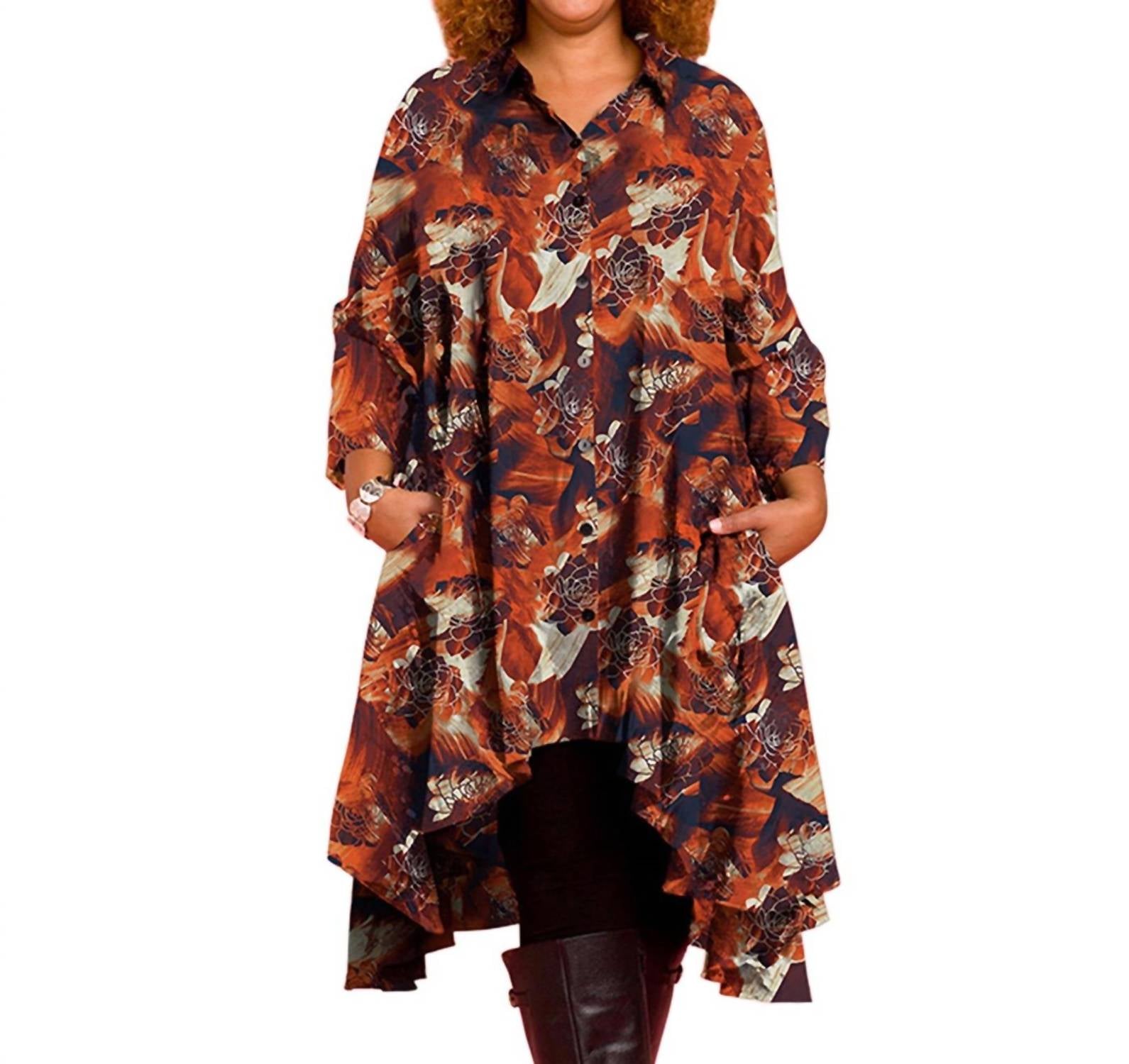 

Платье-туника Birdie Plus Size с рукавами 3/4 и карманами цвета Burnt Orange Brush On The Plus Side