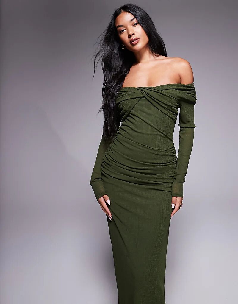 

Платье миди ASOS DESIGN из фактурной сетки с завышенной талией и перекрученным лифом цвета хаки