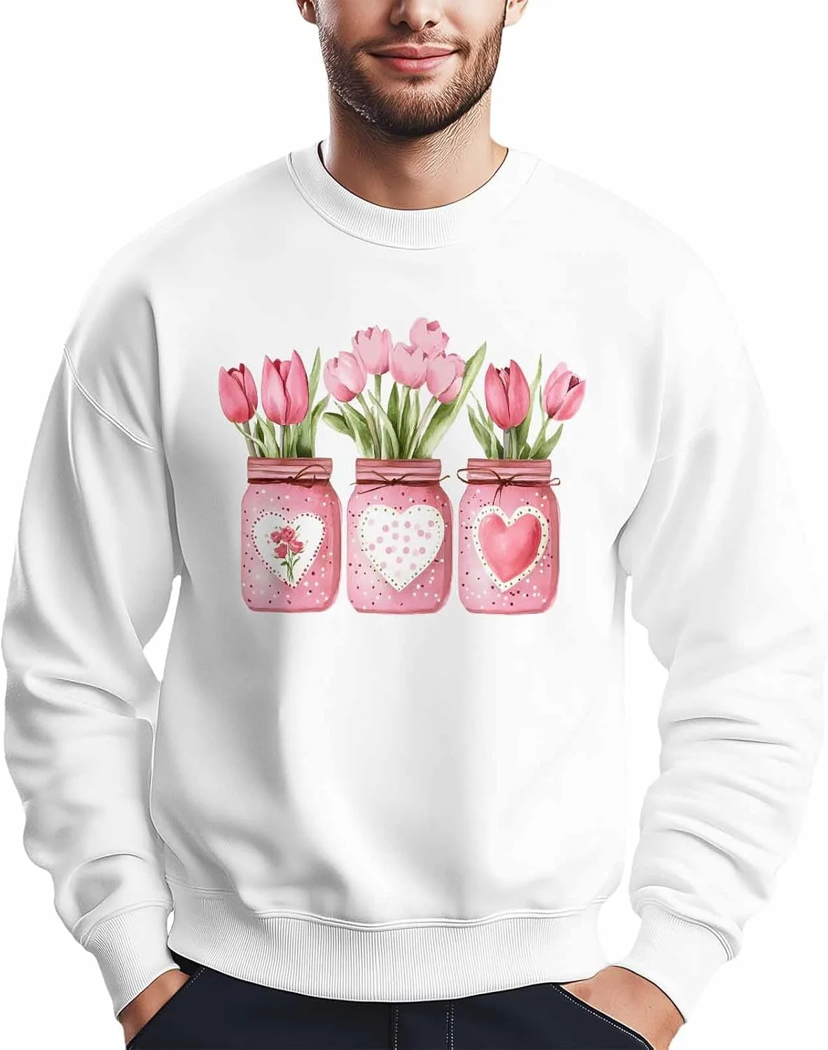 

Мужской свитшот с принтом розовых тюльпанов в вазе, Crewneck, Long Sleeve Winvebermior
