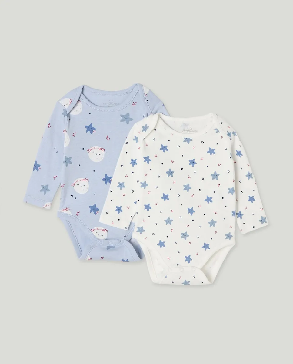 

Набор из 2 боди с длинным рукавом с принтом звезд и луны для малыша Cotton Juice, мультиколор