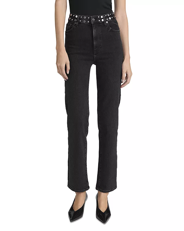 

Элегантные прямые джинсы с высокой посадкой и заклепками цвета метеор. Frame, черный
