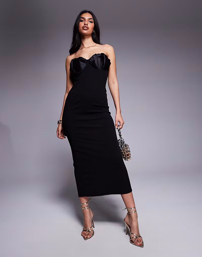 

Платье-бандо миди ASOS DESIGN из скуба-бандо с плиссированными чашечками на груди черного цвета