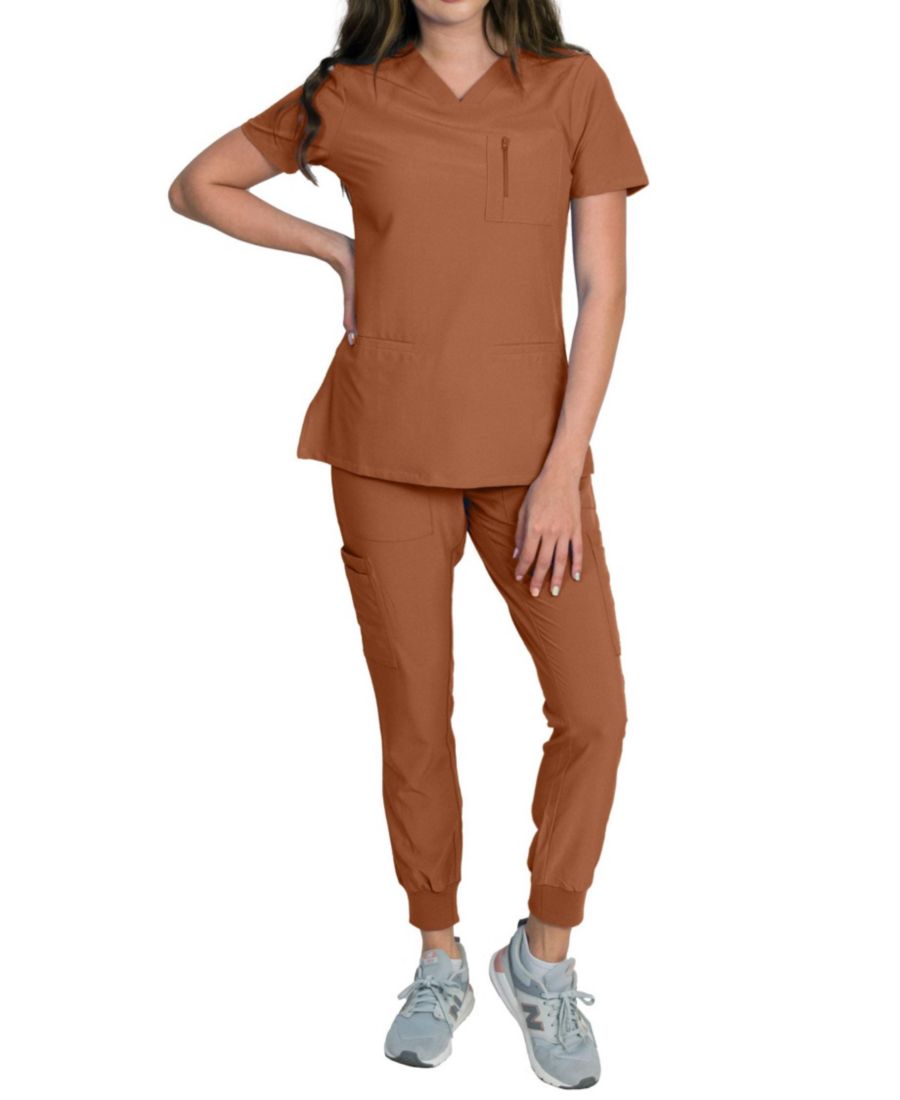 

Женский медицинский комплект Fleur Stretch с топом на молнии с нагрудным карманом и джоггерами с трикотажными ребристыми манжетами Medgear, Mocha