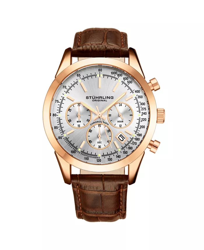 

Мужские часы Monaco Brown Leather, круглый циферблат 44 мм, серебристый циферблат Stuhrling