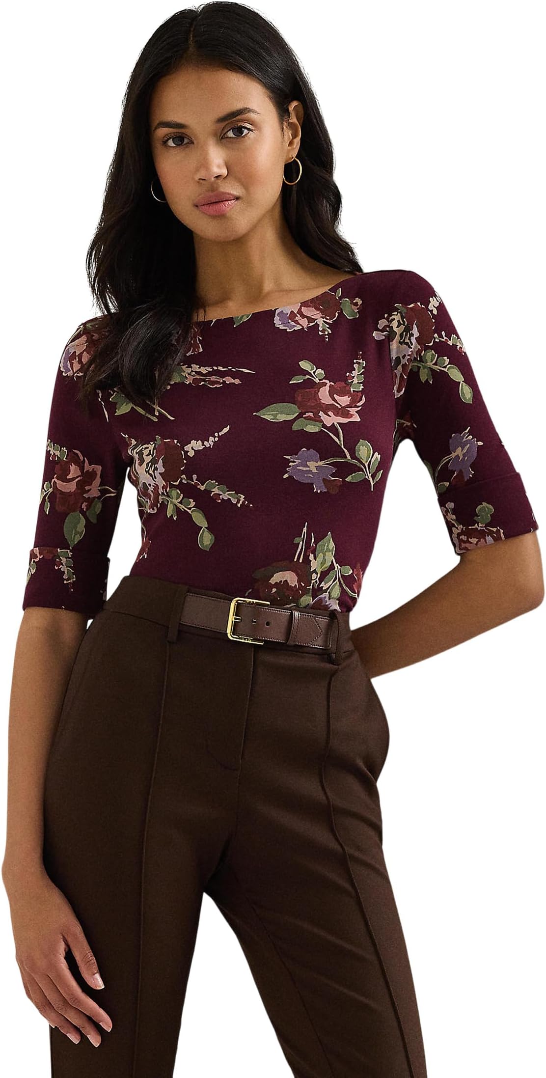 

Футболка Lauren Ralph Lauren Petite Floral Stretch Cotton Boatneck Tee, цвет Burgundy Multi