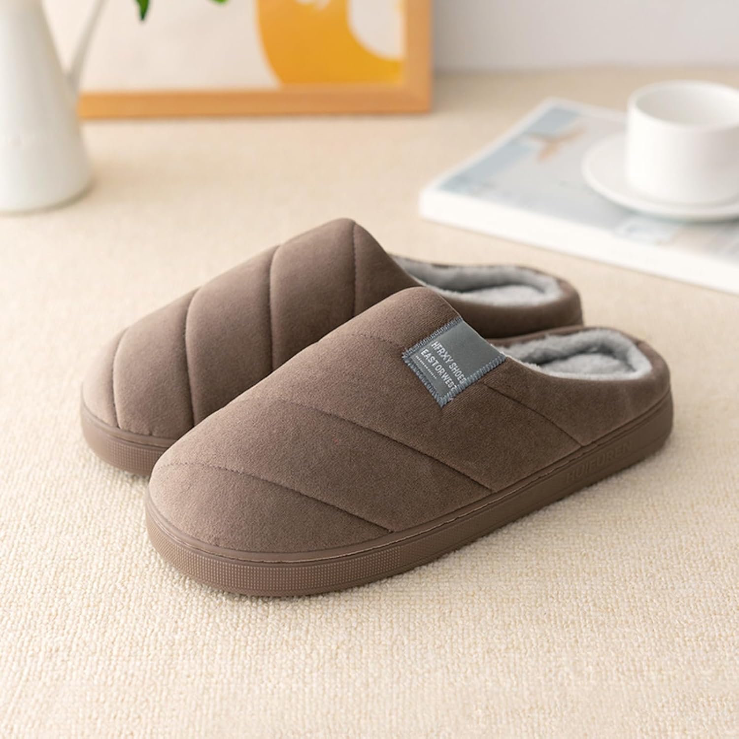 Тапочки JYSwoshoe с ворсом для женщин и мужчин, удобные домашние тапочки с памятью формы, мягкие плюшевые, теплые тапочки для дома и улицы, Coffee 3 — фото 2