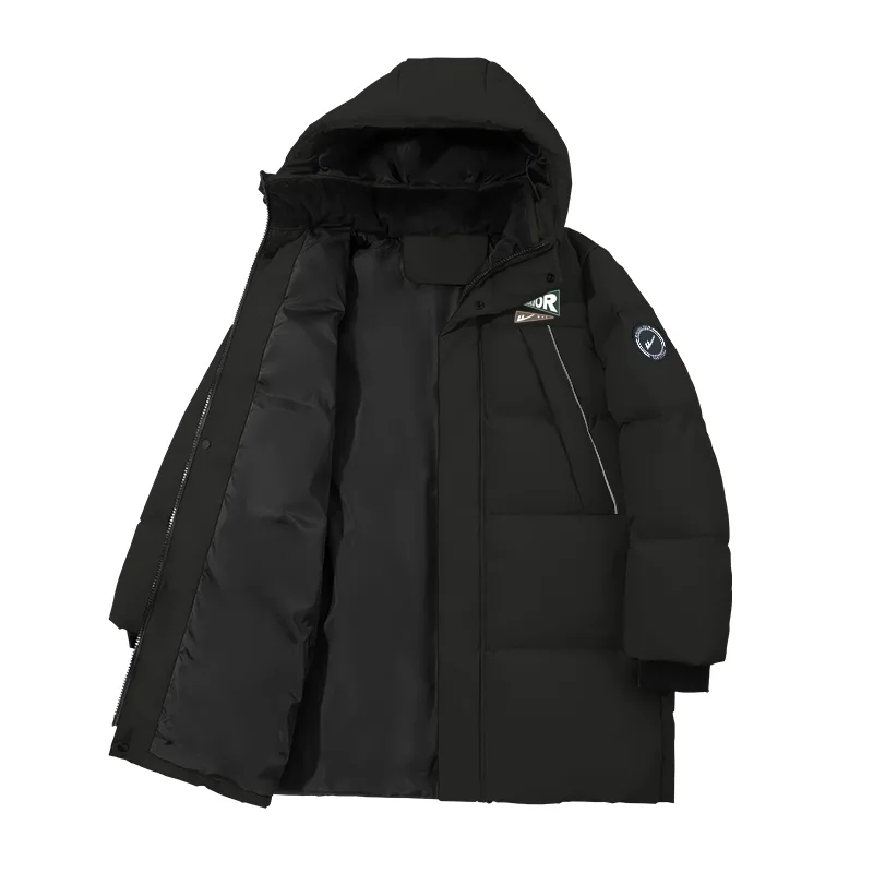 Детская пуховая куртка с капюшоном утепленная WARRIOR, Black/H Triangle Logo K+H Round Logo Left Sleeve Woven Label Hook-and-Loop K