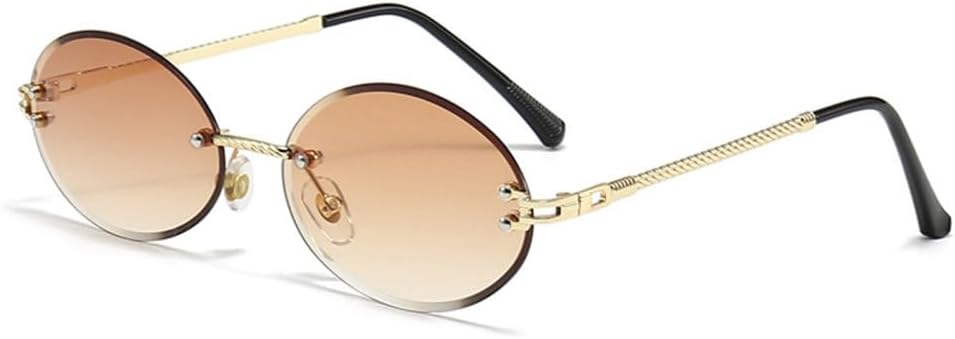 

LVTFCO Модные женские солнцезащитные очки без оправы овальной формы в стиле панк, мужские солнцезащитные очки для вождения, женские очки с защитой от УФ-излучения UV400, Gold Tea