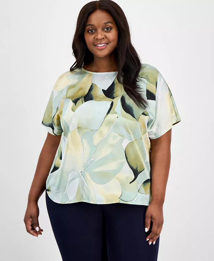 

Блузка с коротким рукавом и принтом, с вырезом лодочка, plus size Anne Klein, зеленый