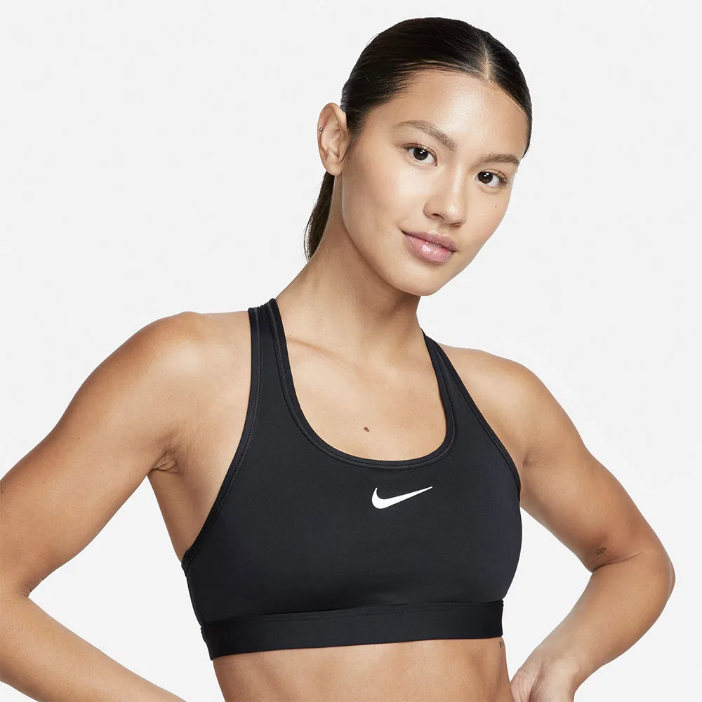 Женский спортивный бюстгальтер Swoosh со средней поддержкой и вкладышами, чёрно-белый, от Nike