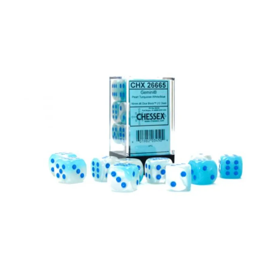 

d6 16 мм Жемчужно-бирюзово-белый с синим (12), Dice - Gemini - d6 16mm (Chessex)