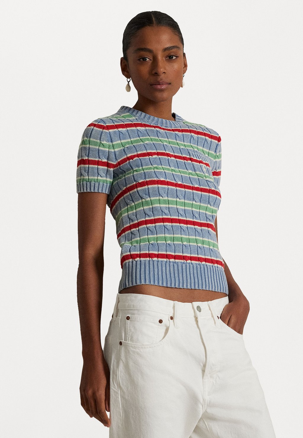 

Футболка с принтом STRIPED CABLE-KNIT SHORT-SLEEVE SWEATER Polo Ralph Lauren, синий