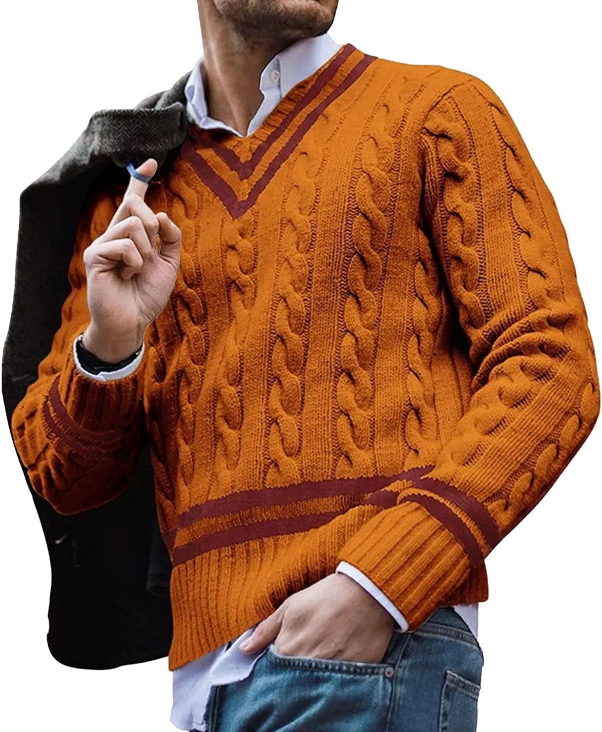 Мужской свитер с V-образным вырезом, рифленый, кабельная вязка, slim fit