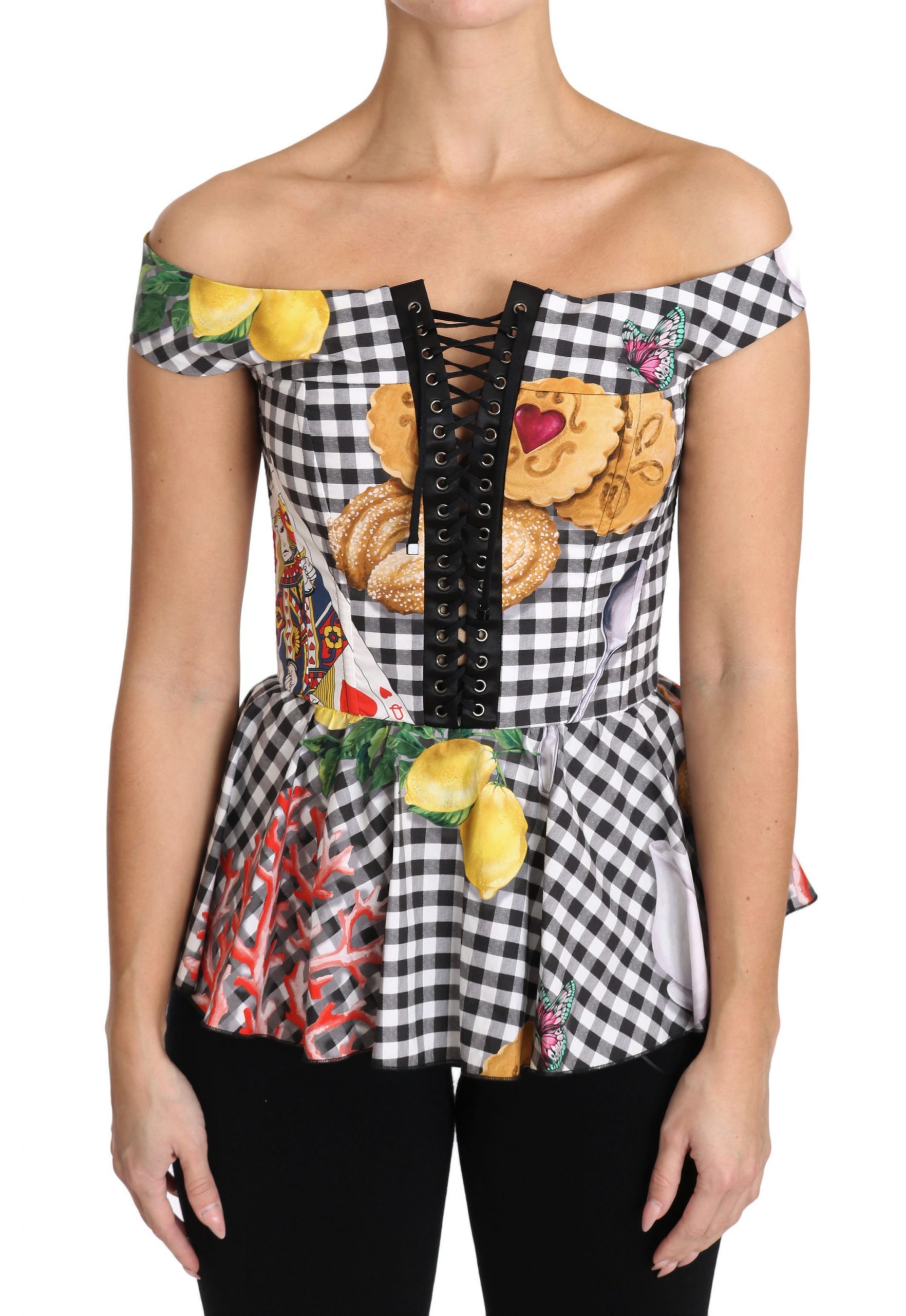 Шикарная клетчатая блузка с корсетным верхом Dolce & Gabbana, черный/белый