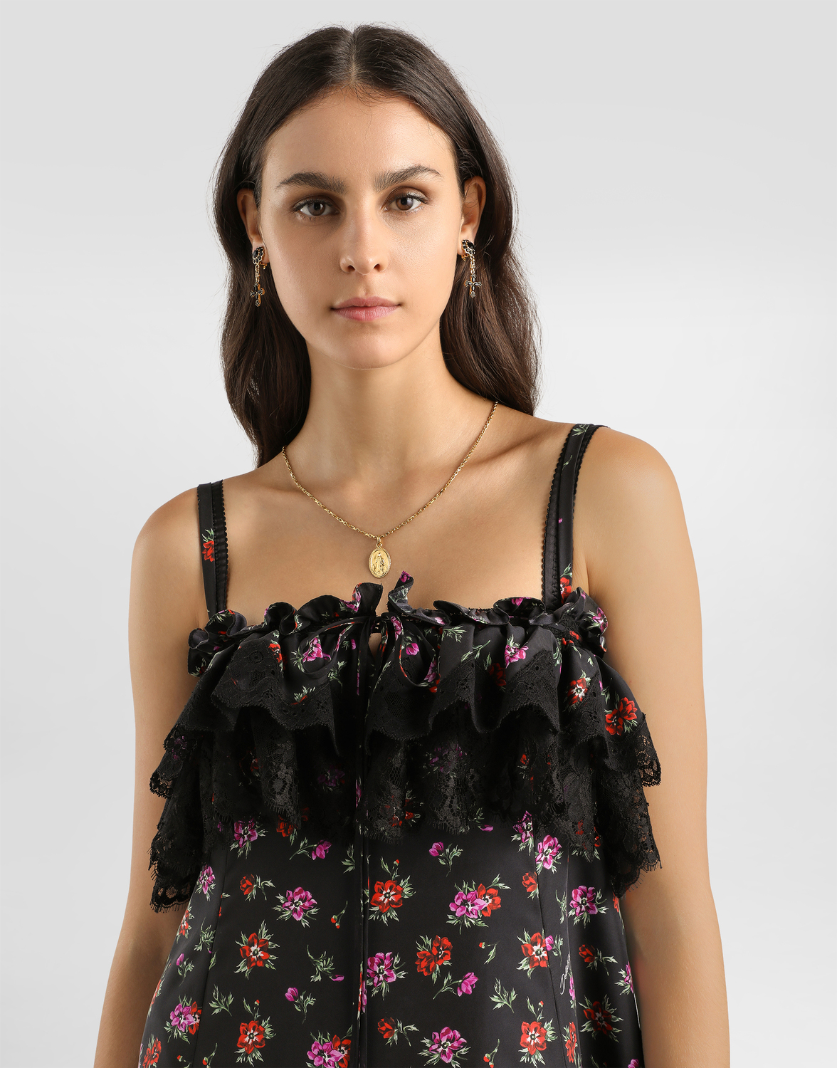 Длинное платье из габардена с цветочным принтом DOLCE & GABBANA, мультиколор — фото 4