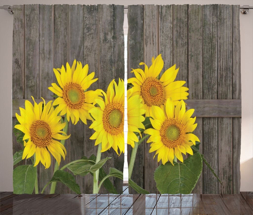 

ABAKUHAUS Garden Rustic Curtain, Helianthus Sunflowers, Универсальные ленточные шторы для гостиной с петлями и крючками, 280 x 175 см, Желтый Зеленый Коричневый