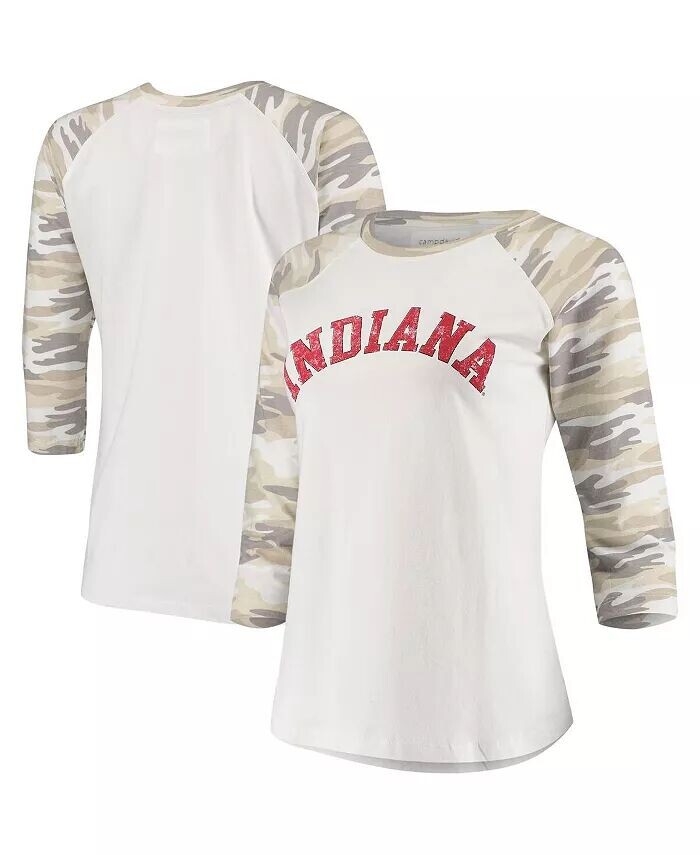 

Женская бело-камуфляжная футболка Indiana Hoosiers Boyfriend Baseball Raglan с рукавами 3/4 Camp David