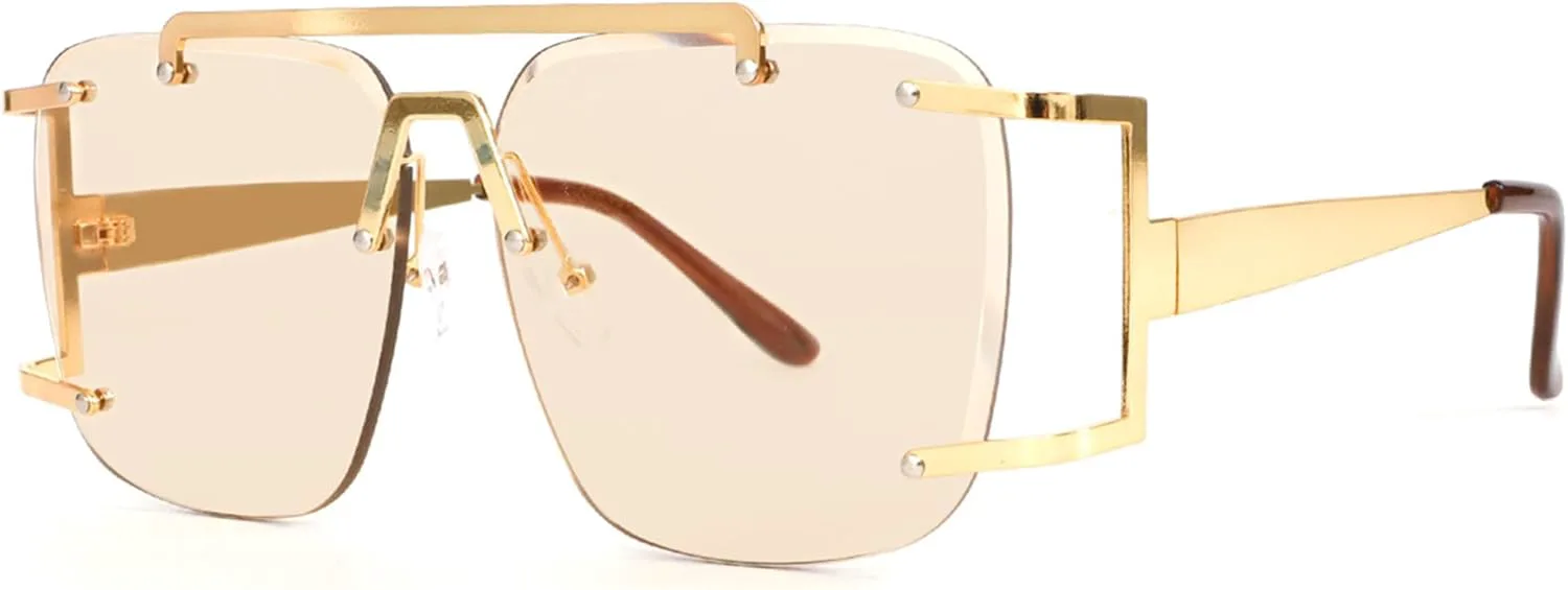 

bullabulling Ретро-солнцезащитные очки-пилот из металла для женщин и мужчин, квадратные, в стиле 70-х, без оправы, с плоской верхней частью, очки-пилот, Champagne