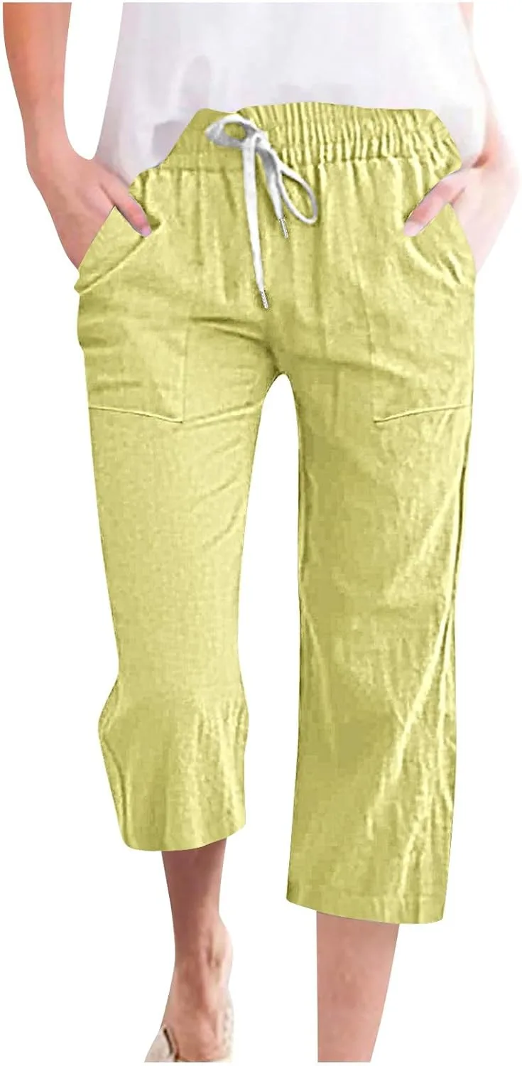 

JOAU Льняные капри для женщин летние пляжные повседневные прямые укороченные брюки с эластичным поясом на шнурке и карманами