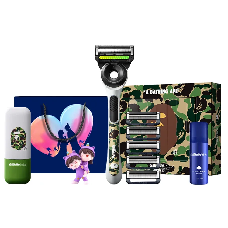 Средство для бритья для мужчин Gillette, Collaboration Multifunction Box 1 Knife Racks 5 Blade Heads+Shaving Foam+Couple Ornament+Qixi Festival Shopping Bag