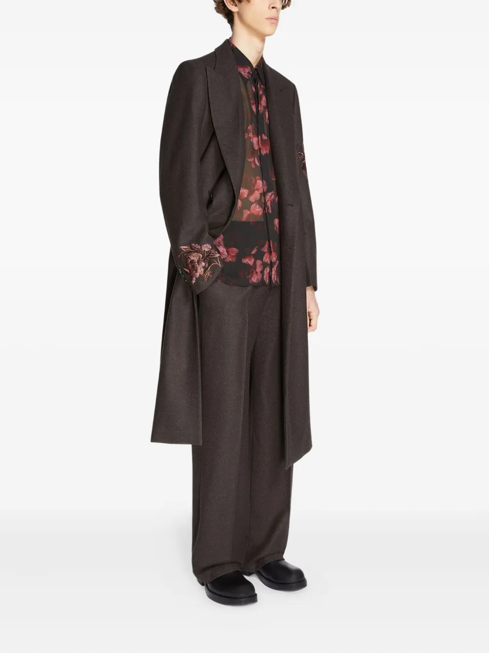 Шерстяное пальто с цветочной вышивкой Dries Van Noten, коричневый — фото 3