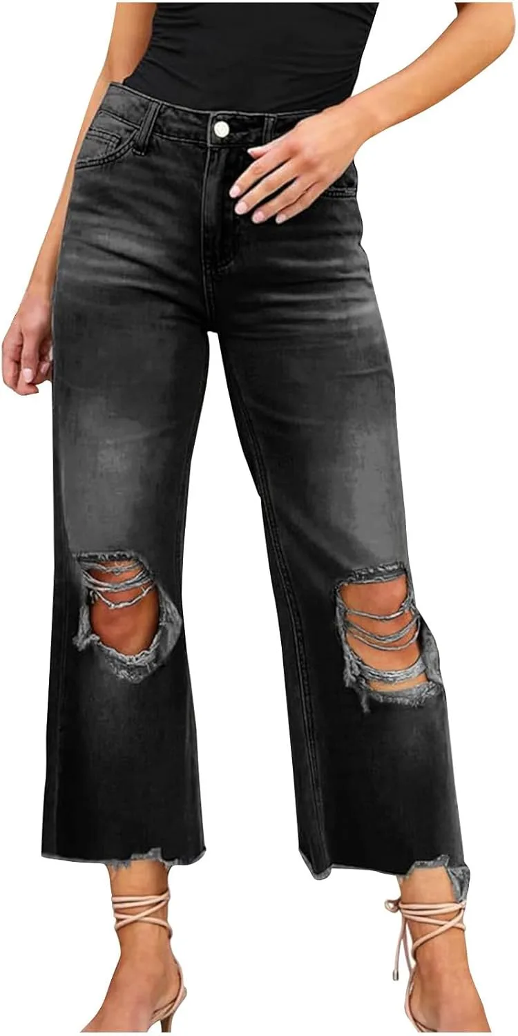 

Джинсы-клеш Y2k для женщин с высокой талией и рваным краем NATHGAM