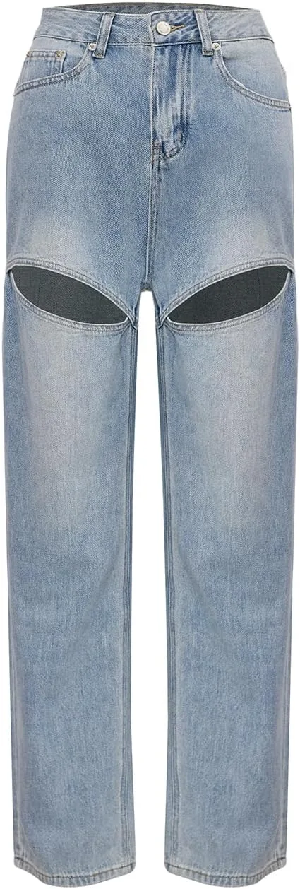 Женские джинсы с прорезями и потертостями Straight Leg