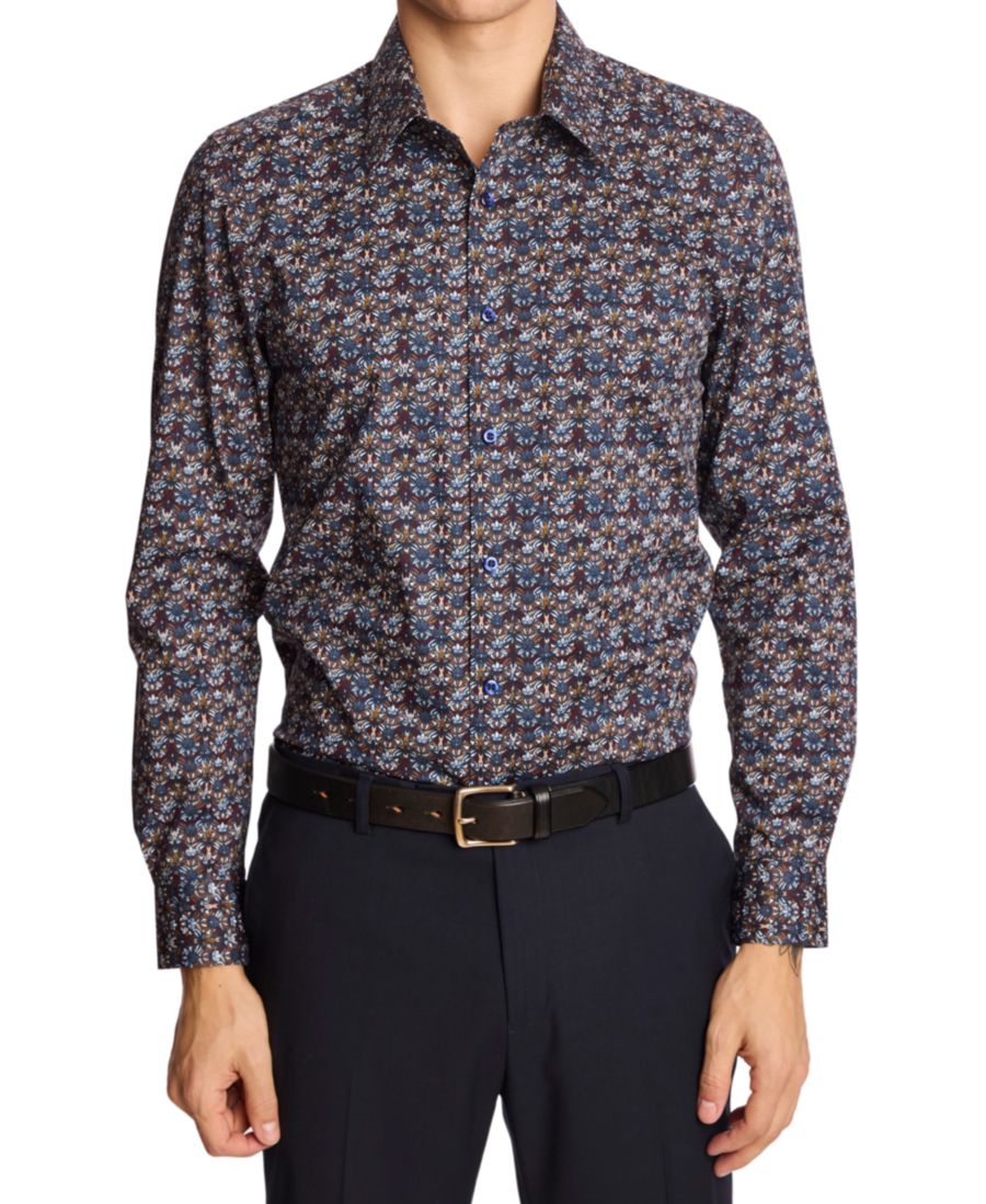 

Мужская рубашка Parker Slim Fit с длинными рукавами, абстрактным принтом и пуговицами спереди Paisley & Gray, Blue & Burgundy Abstract