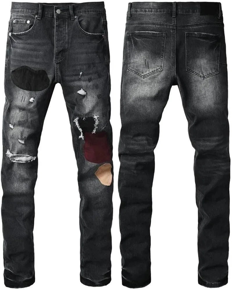 Джинсы с потертостями, Men's Coated Distressed Skinny Jeans, 9135