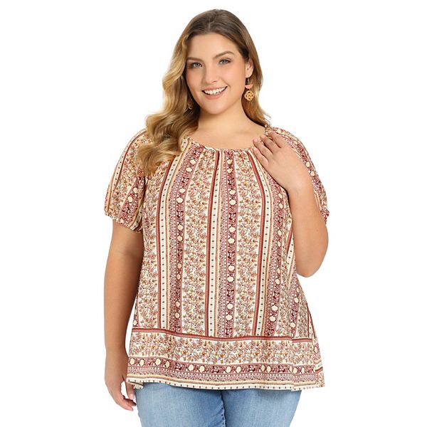 

Блузка для женщин Plus size с цветочным принтом в стиле бохо, круглым вырезом и рукавами-фонариками Grace & Grandeur, Dark Red