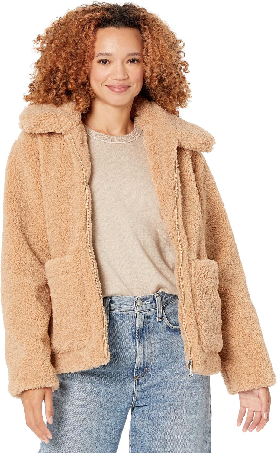 

Пальто Sam Edelman Short Front Zip Teddy Coat with Patch Pockets, кэмел