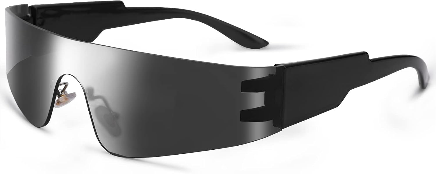 

COASION Солнцезащитные очки с обтекаемой формой для женщин и мужчин, модные, без оправы, футуристические, в стиле Y2k, с плоской верхней частью, стильные очки, A2 Black / Grey