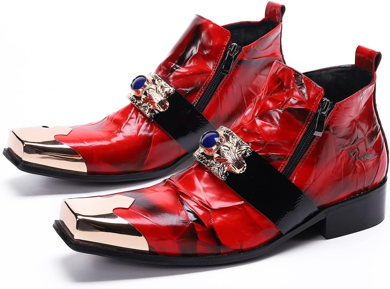 

Мужские модные ботинки Santimon Chelsea из кожи, роскошные повседневные туфли с квадратным носком и металлическим наконечником, красный