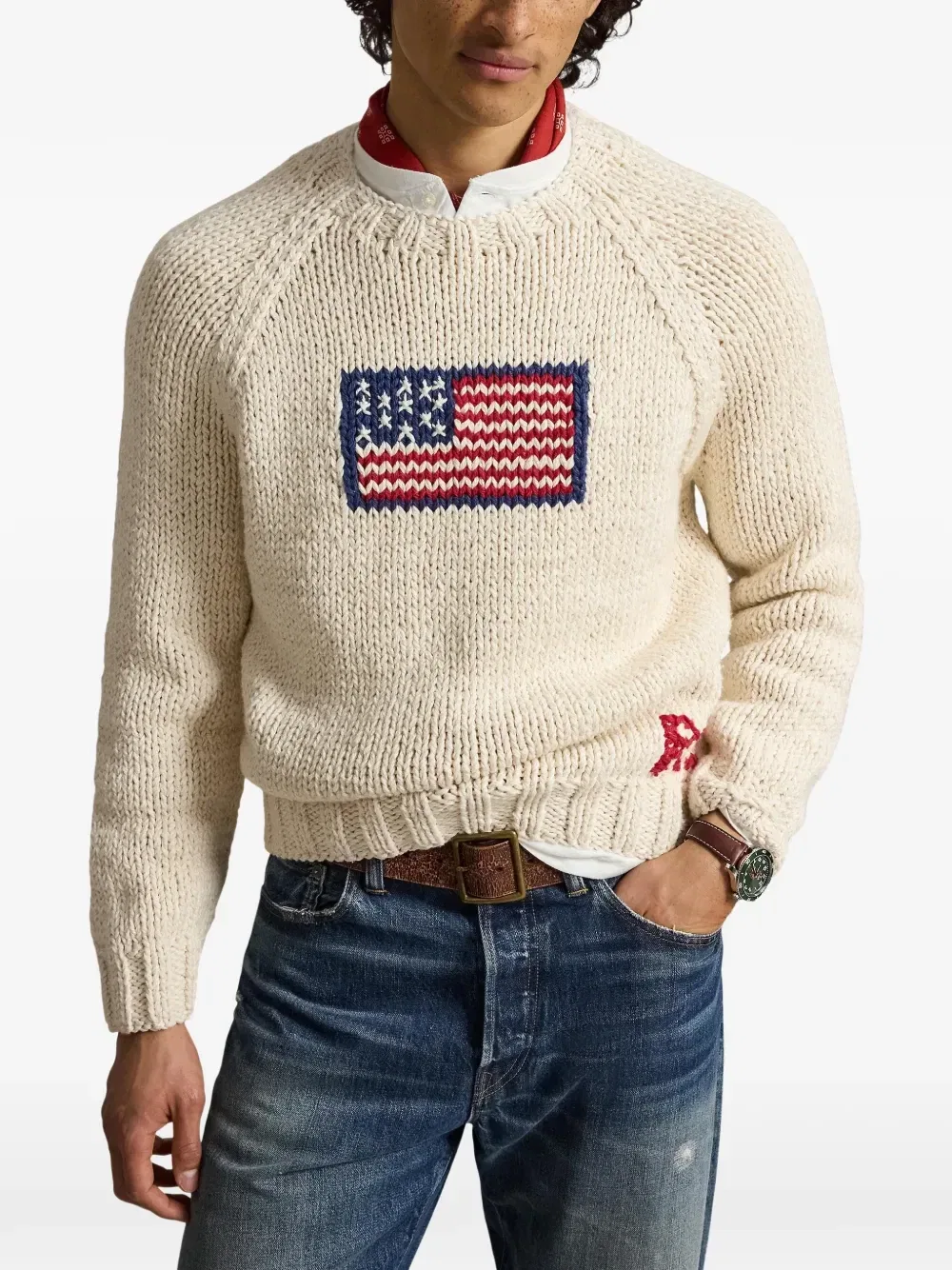 Толстый вязаный свитер с флаговым интарсионным узором POLO RALPH LAUREN, бежевый — фото 3