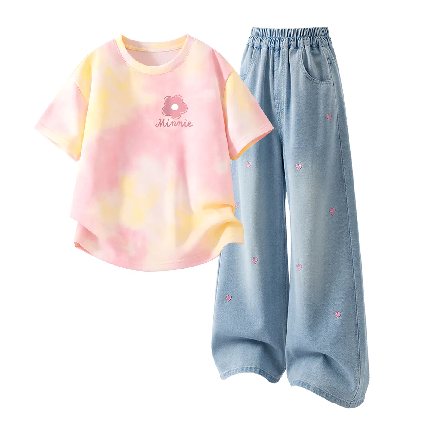 Детская повседневная спортивная футболка с круглым вырезом Disney, Di Xin Sweet K Yellow Pink+Solid Color Denim Light Blue — фото 3