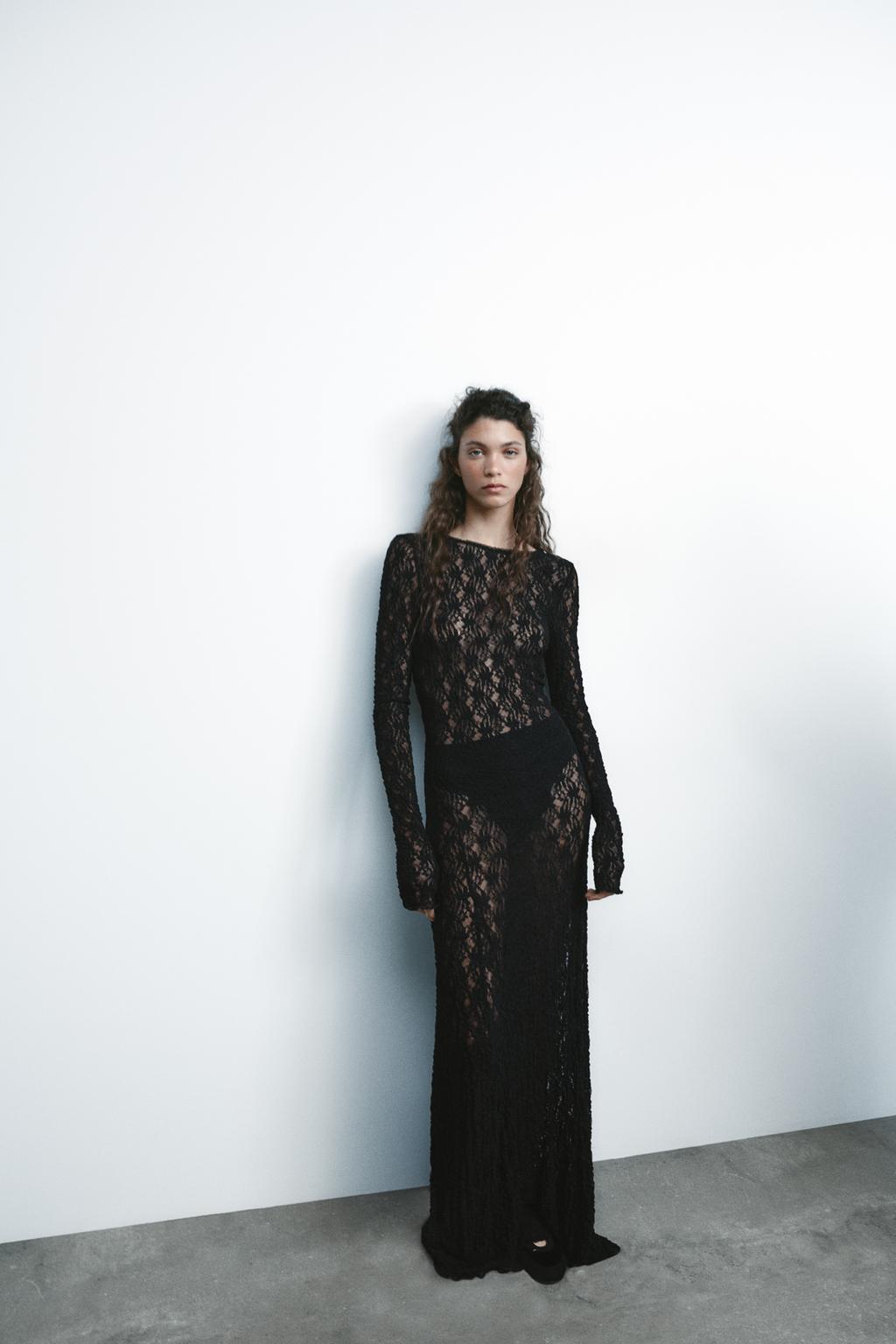 

Длинное кружевное платье ZARA, черный