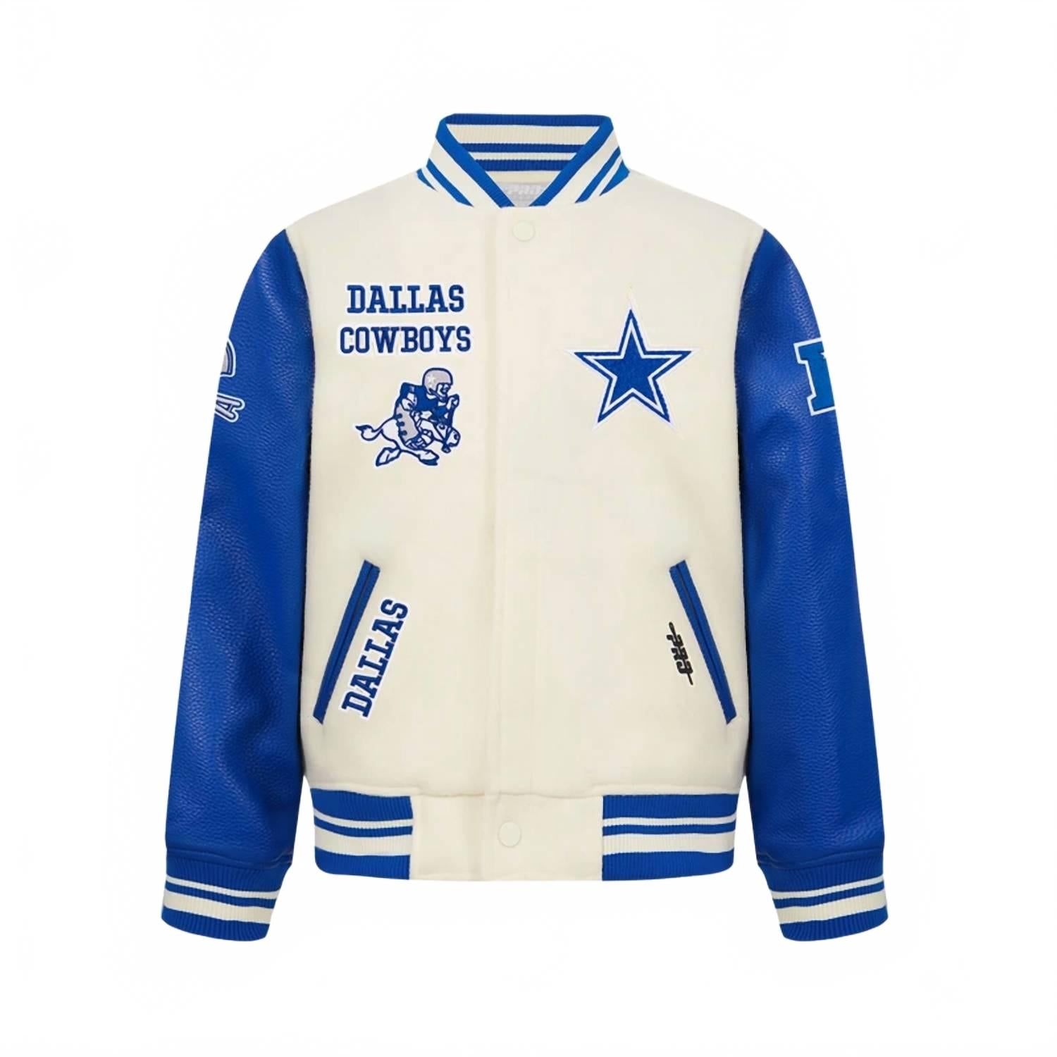 PRO STANDARD Детская ретро-куртка из ребристой шерсти с символикой команды Dallas Cowboys (НФЛ) в цвете «яичная скорлупа/голубой»