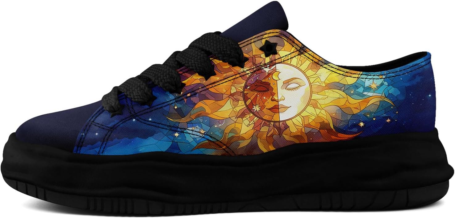 

Кроссовки на холщовой основе AWSOLE для женщин и мужчин с принтом Луны, Солнца и Звезд, художественные низкие повседневные кроссовки, удобная легкая унисекс обувь, черный/синий/золотой/бежевый/темно-синий
