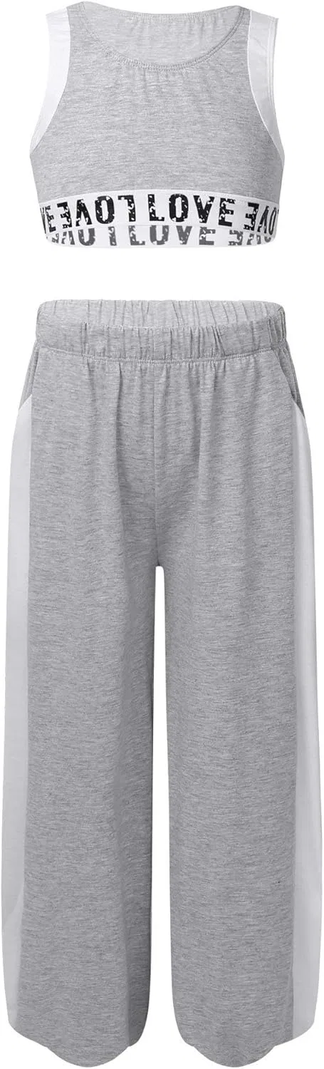Детский спортивный костюм для девочек Mufeng топ и леггинсы, U Neck Grey