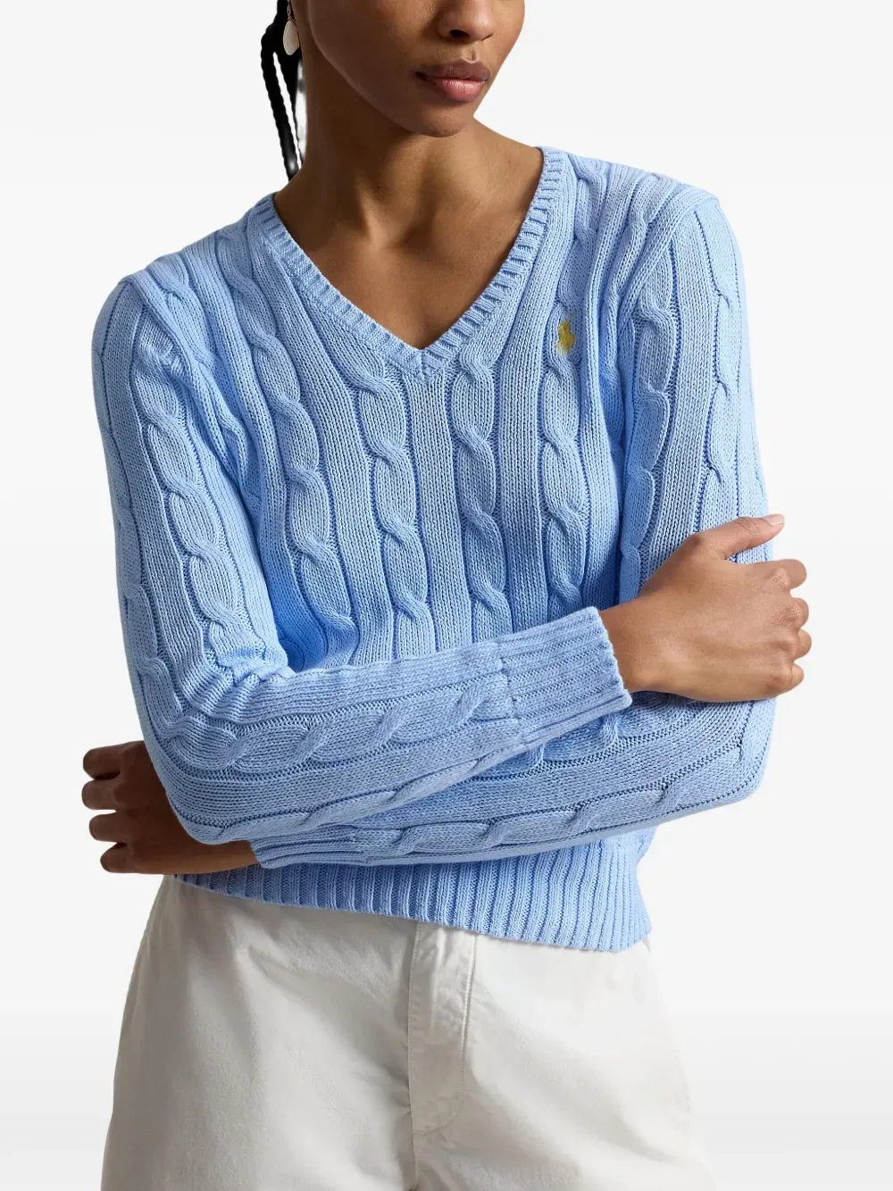 Свитер фактурной вязки с V-образным вырезом POLO RALPH LAUREN, синий — фото 3
