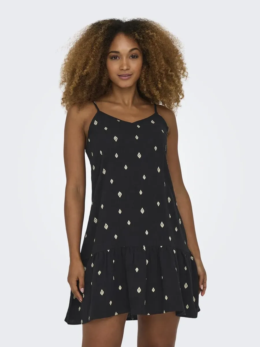 

Платье-спагетти ONLY "ONLNORA LIFE STRAP V-NECK DRESS PTM ", с воланом, черный