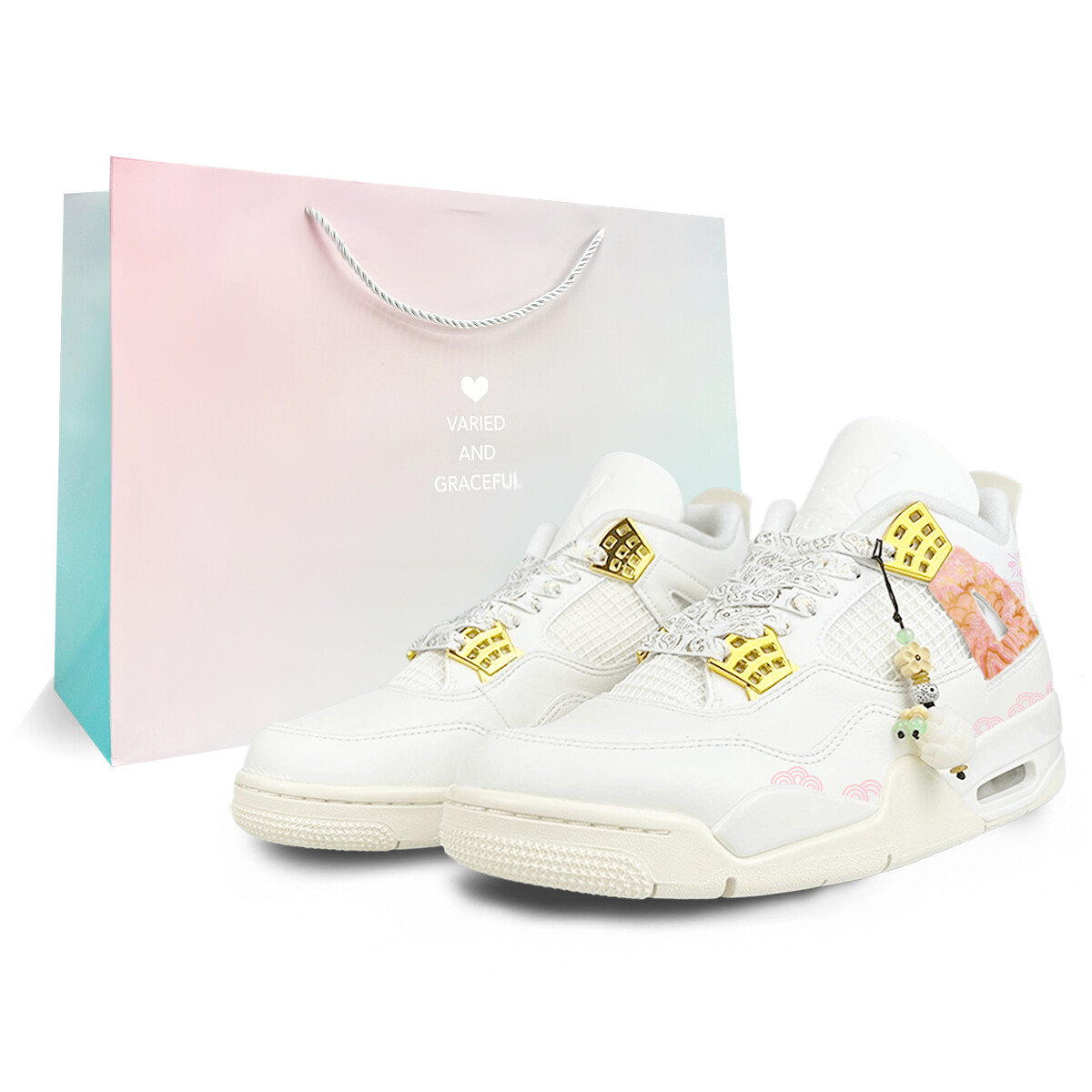 Баскетбольные кроссовки Air 4 Vintage женские средней высоты, белый, розовый, золотой Jordan