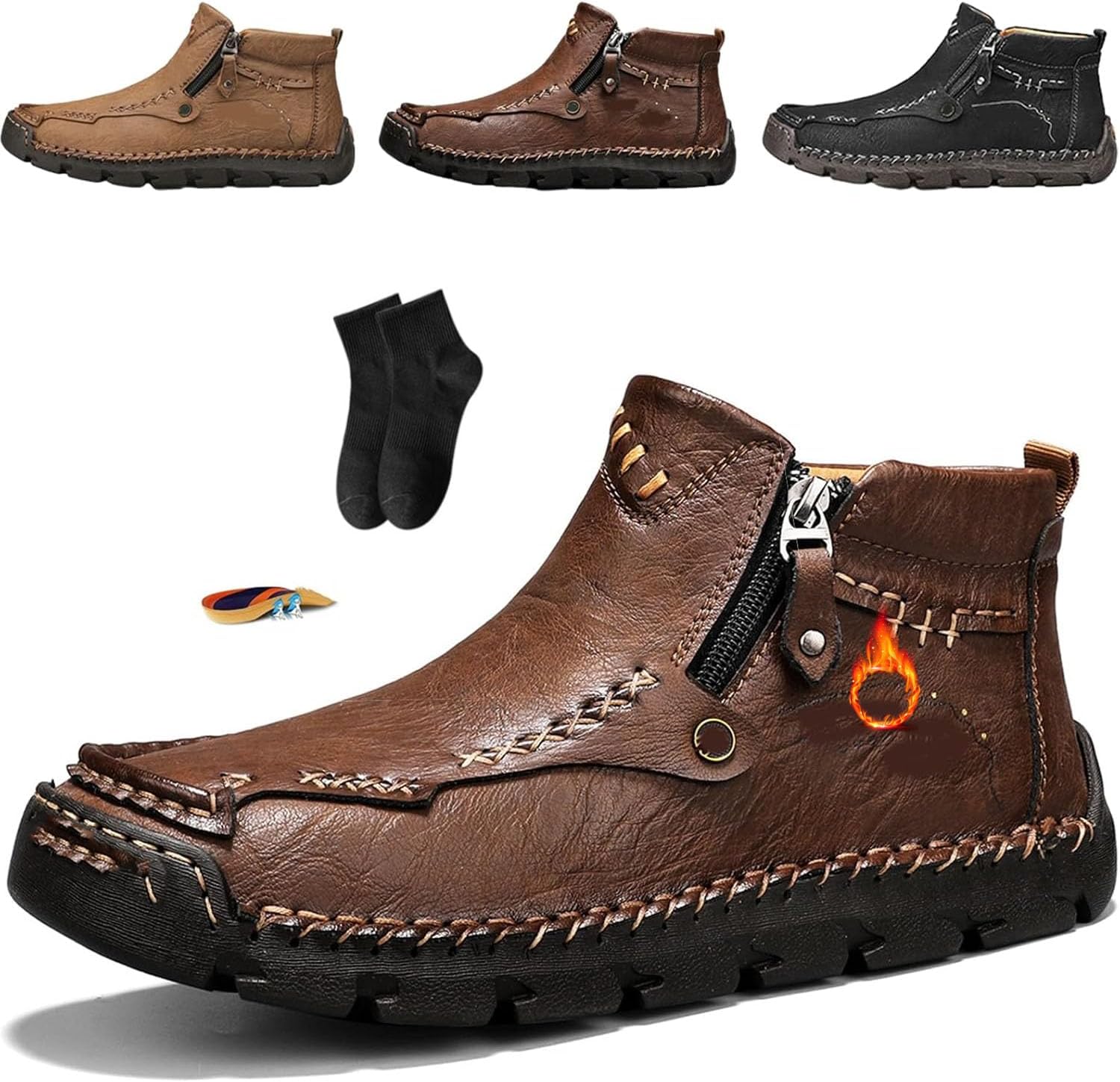 

Мужские ортопедические ботинки NoworFewer, мужские кожаные ботинки с ручной строчкой и широким носком, водонепроницаемые, противоскользящие, для работы, вождения, походов, мужские ортопедические кожаные ботинки на молнии, коричневый